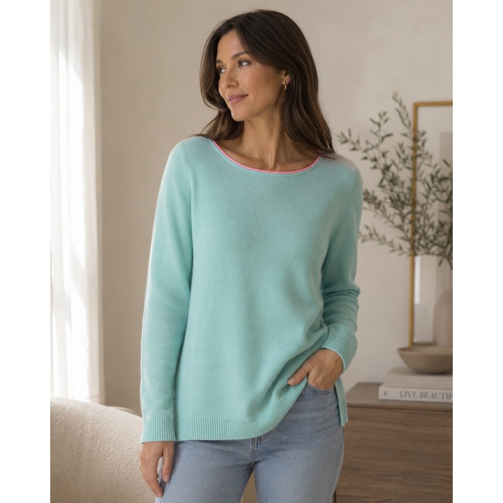 Lilly Pulitzer‎ Serene Collins Teal Cashmere Crew Neck Sweater XS Coral Trim